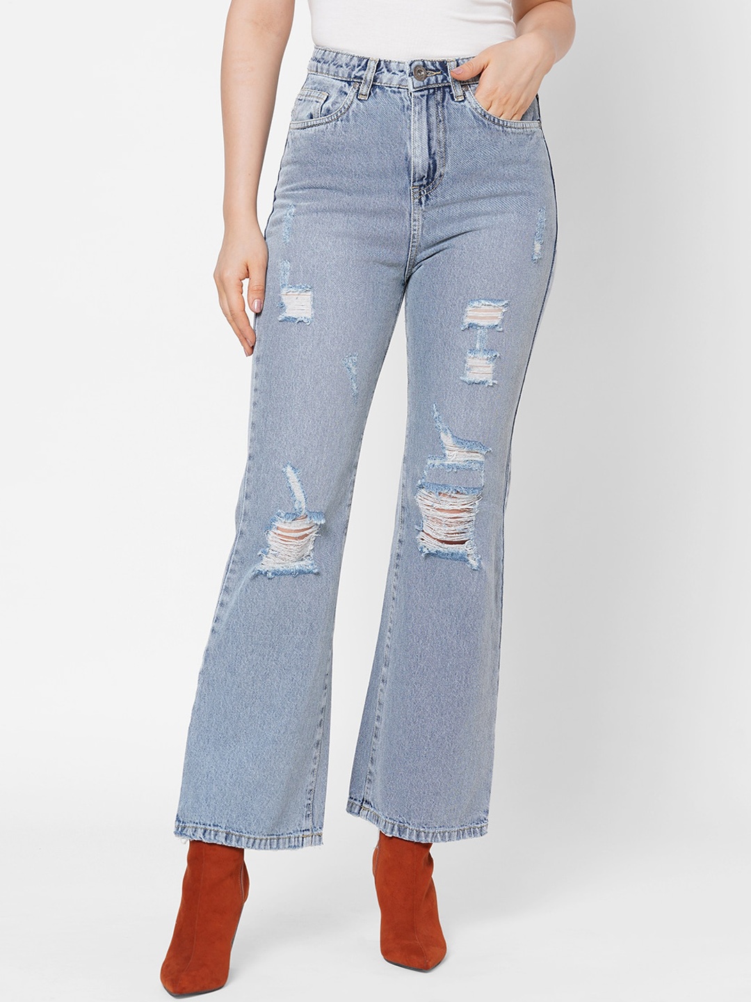 

TARAMA Women Blue Flared High-Rise Mildly Distressed Light Fade Jeans