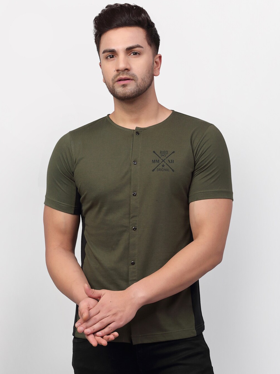 Rigo Henley Neck Slim Fit Cotton T-shirt, Olive