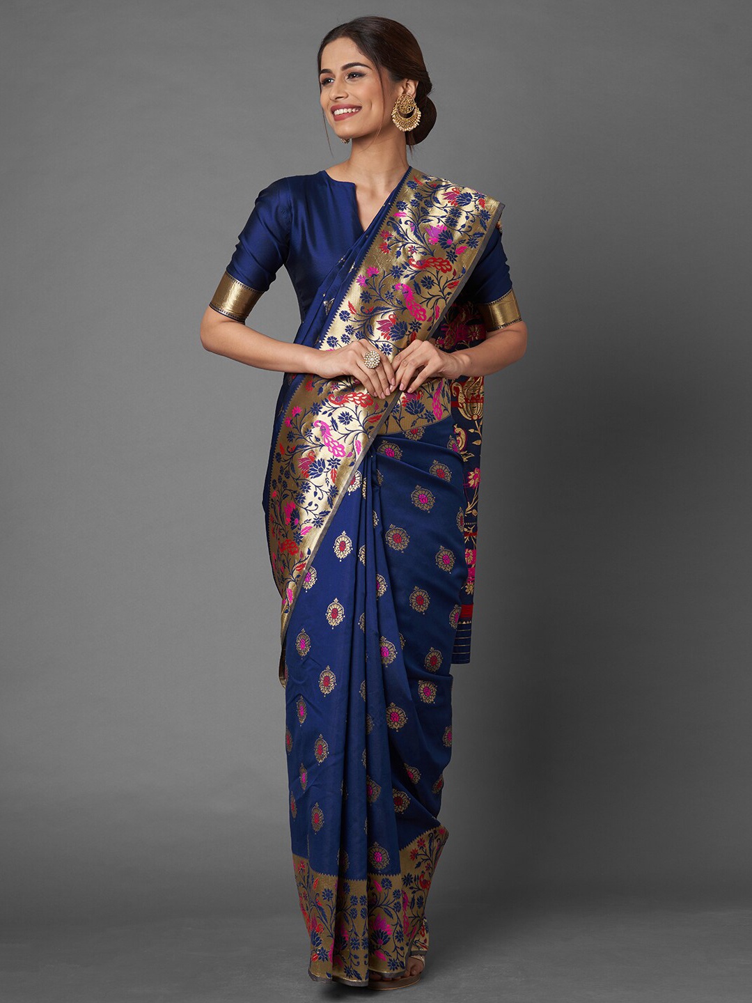 Mitera Navy Blue & Pink Woven Design Silk Blend Banarasi Saree