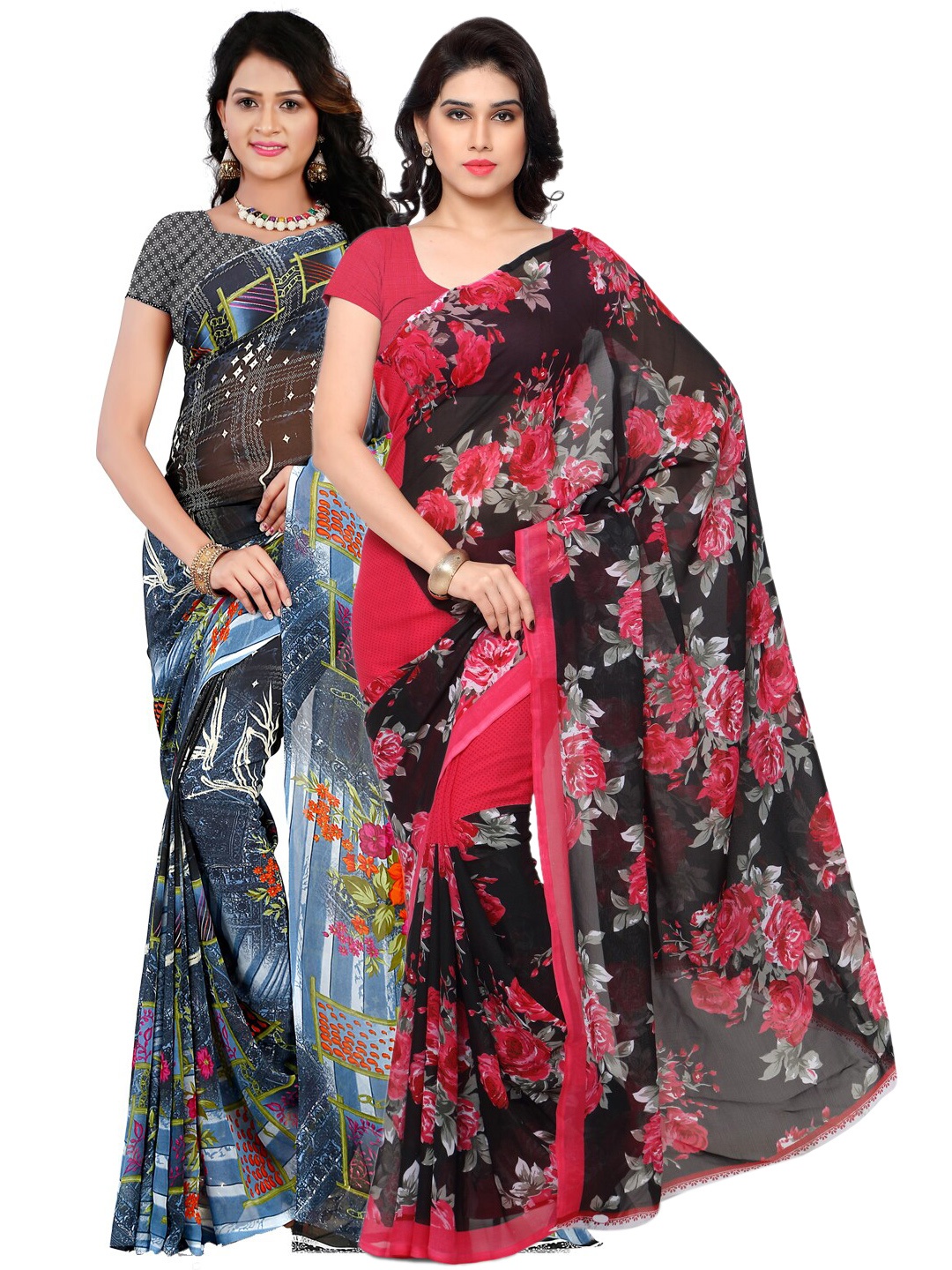 

ANAND SAREES Pack of 2 Grey & Red Floral Poly Georgette Saree