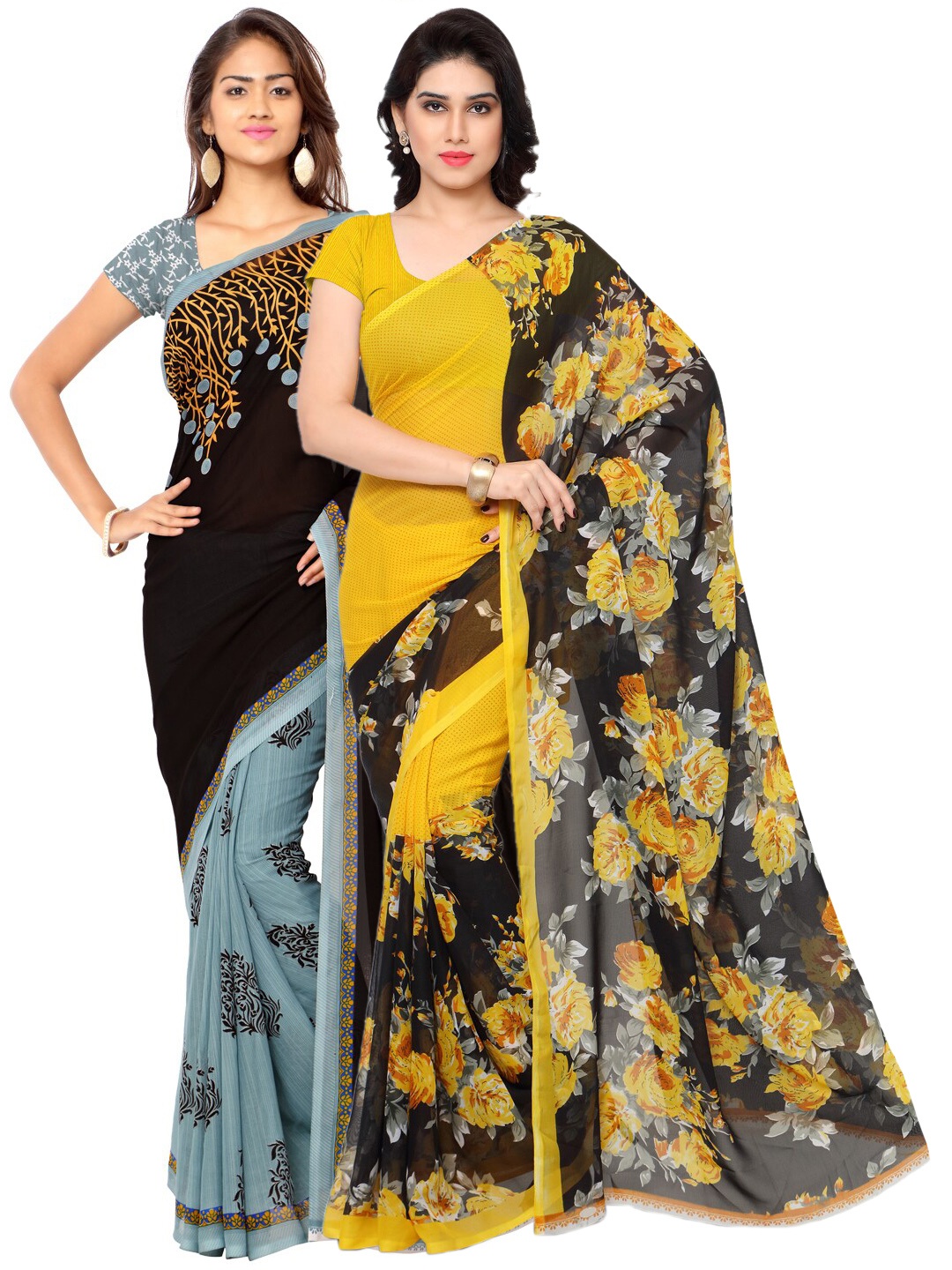 ANAND SAREES Pack of 2 Floral Poly Georgette Sarees, Yellow