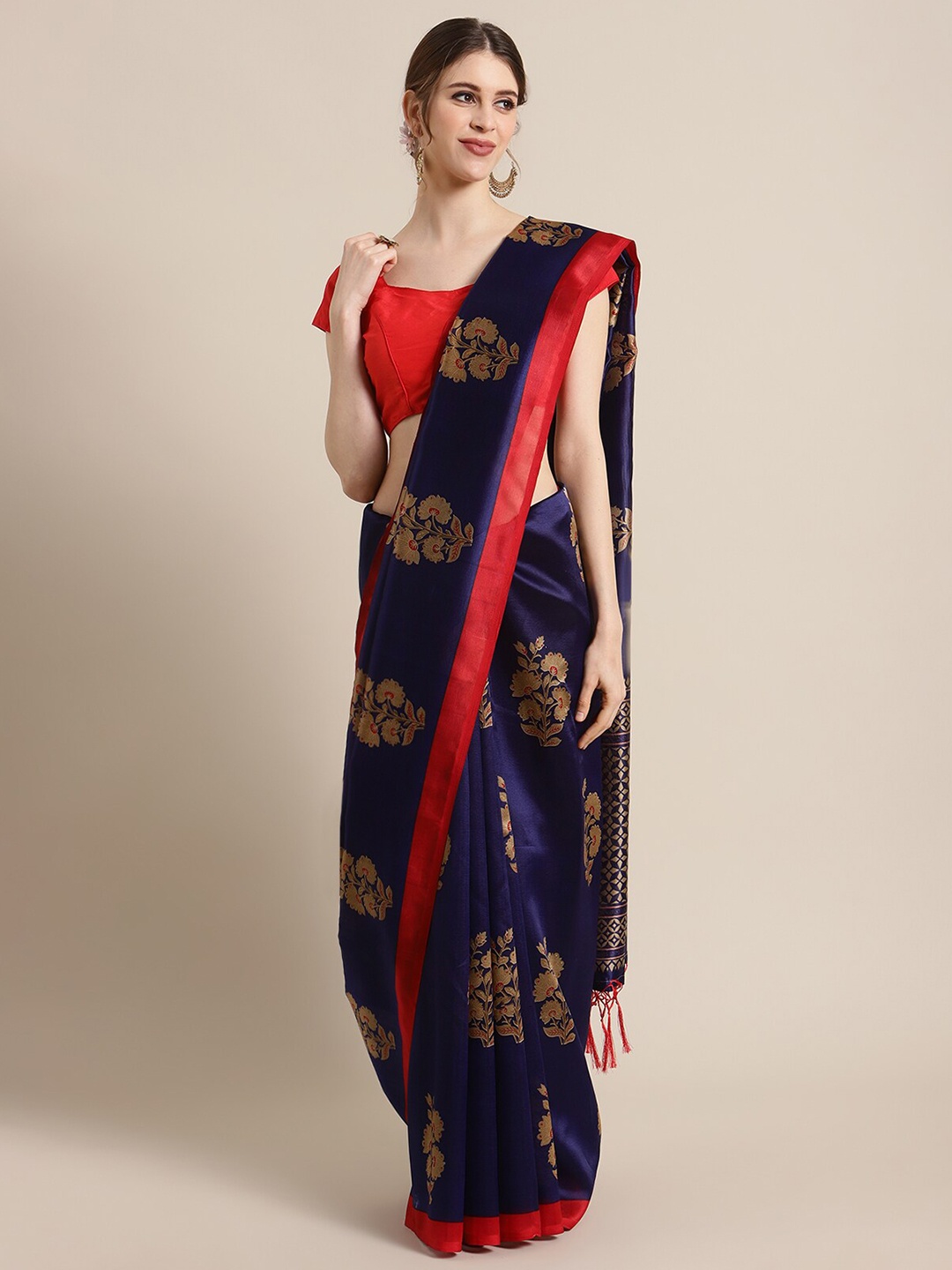 

KSUT Navy Blue & Red Ethnic Motifs Zari Art Silk Mysore Silk Saree