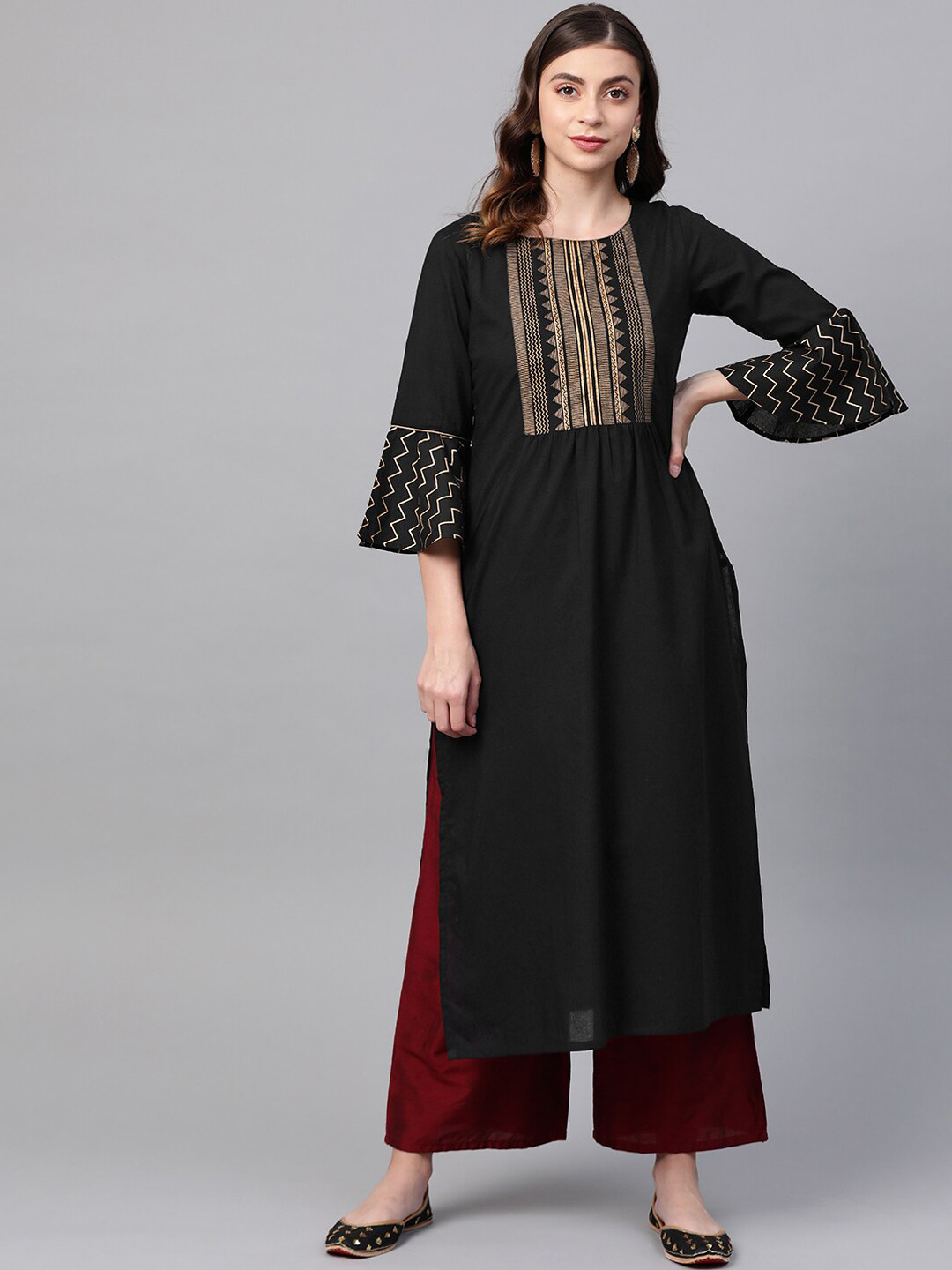 

KSUT Women Black Geometric Yoke Design Bell Sleeves Kurta