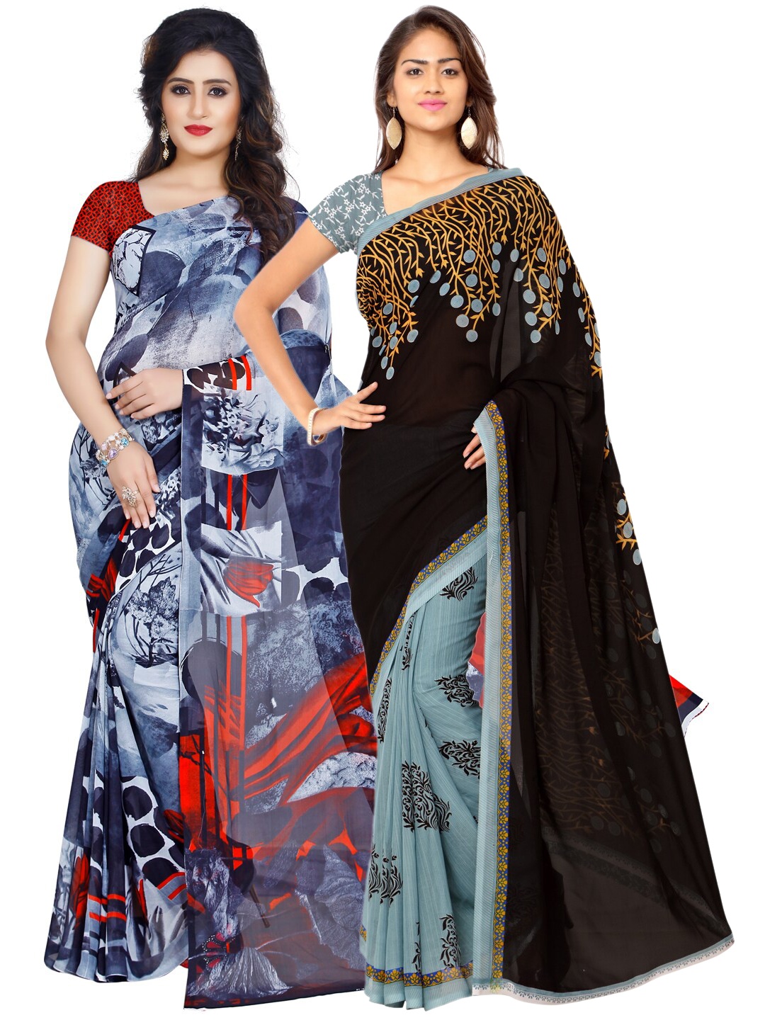 

ANAND SAREES Grey & Black Set of 2 Poly Georgette Saree
