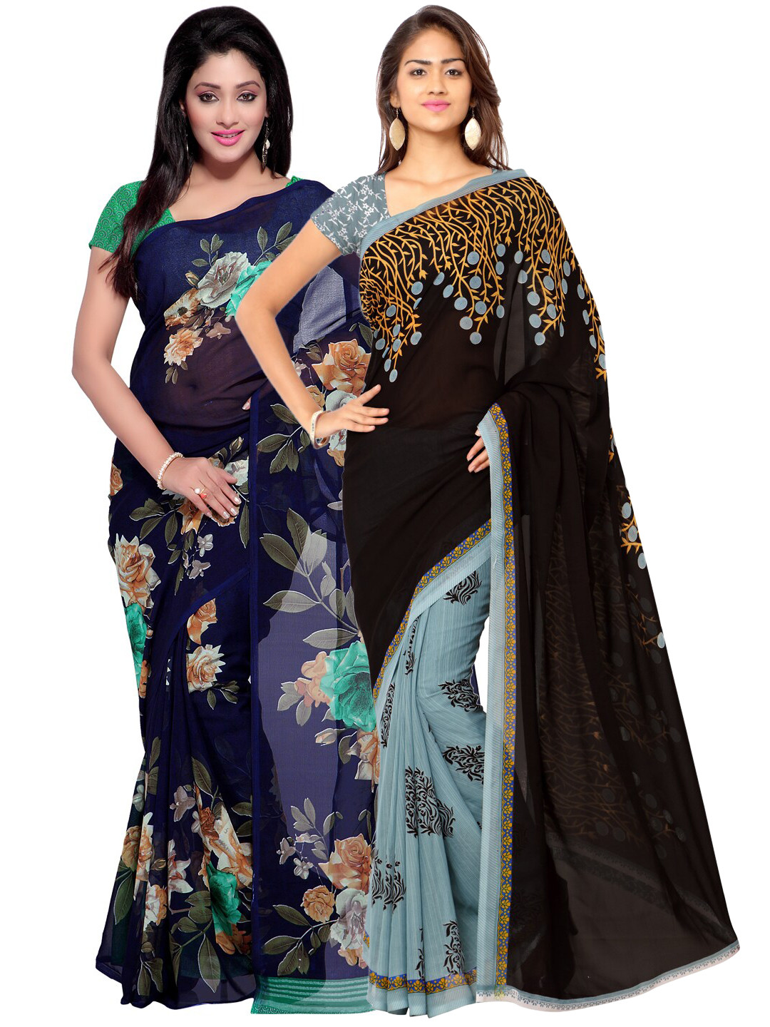 

ANAND SAREES Pack Of 2 Navy Blue & White Printed Saree