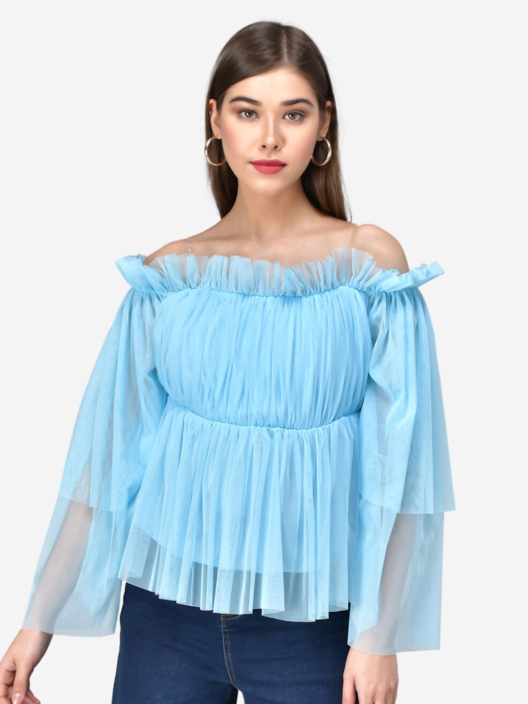 

Darzi Blue Off-Shoulder Net Bardot Top