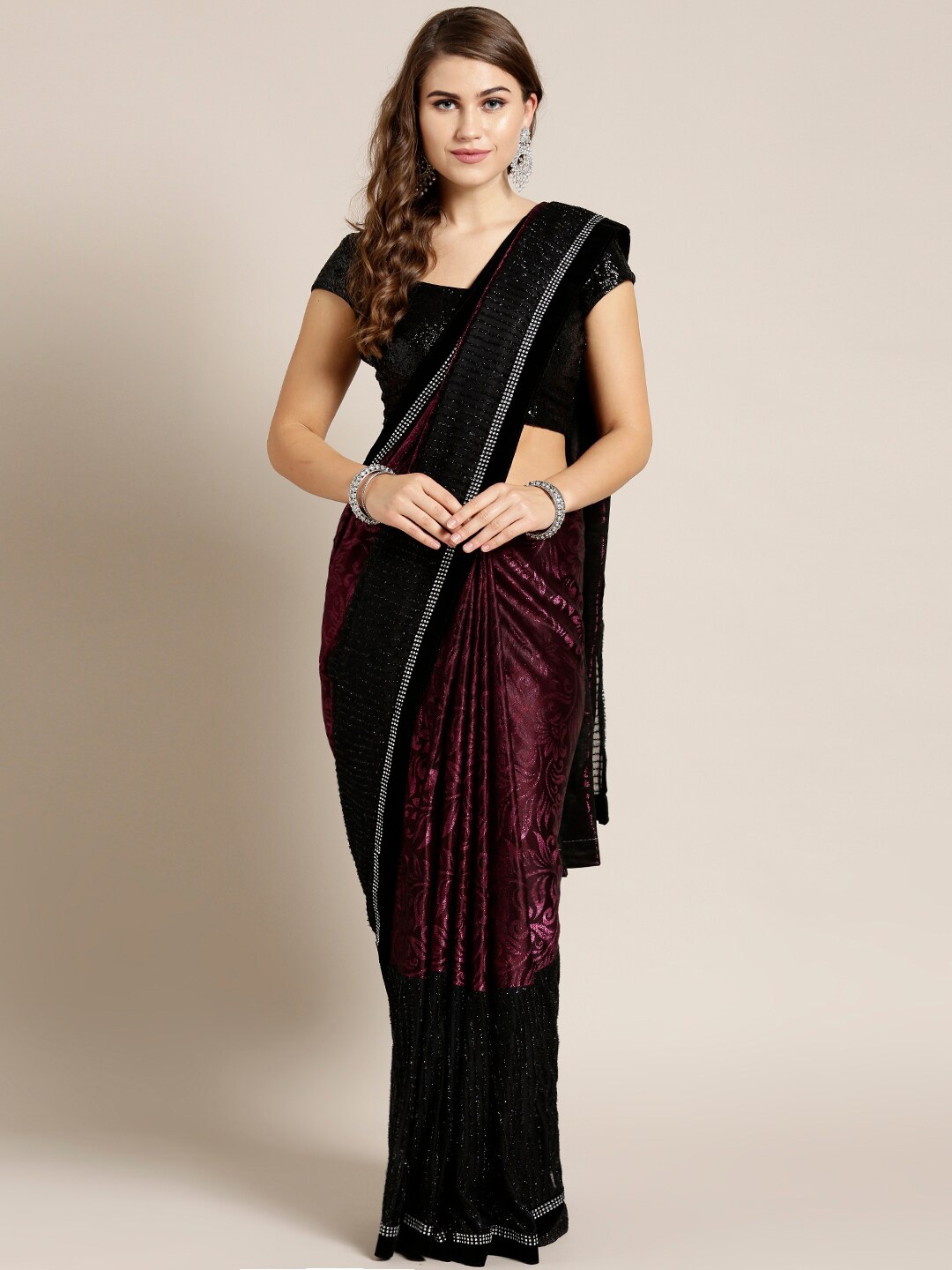 

Chhabra 555 Purple & Black Floral Beads and Stones Heavy Work Saree