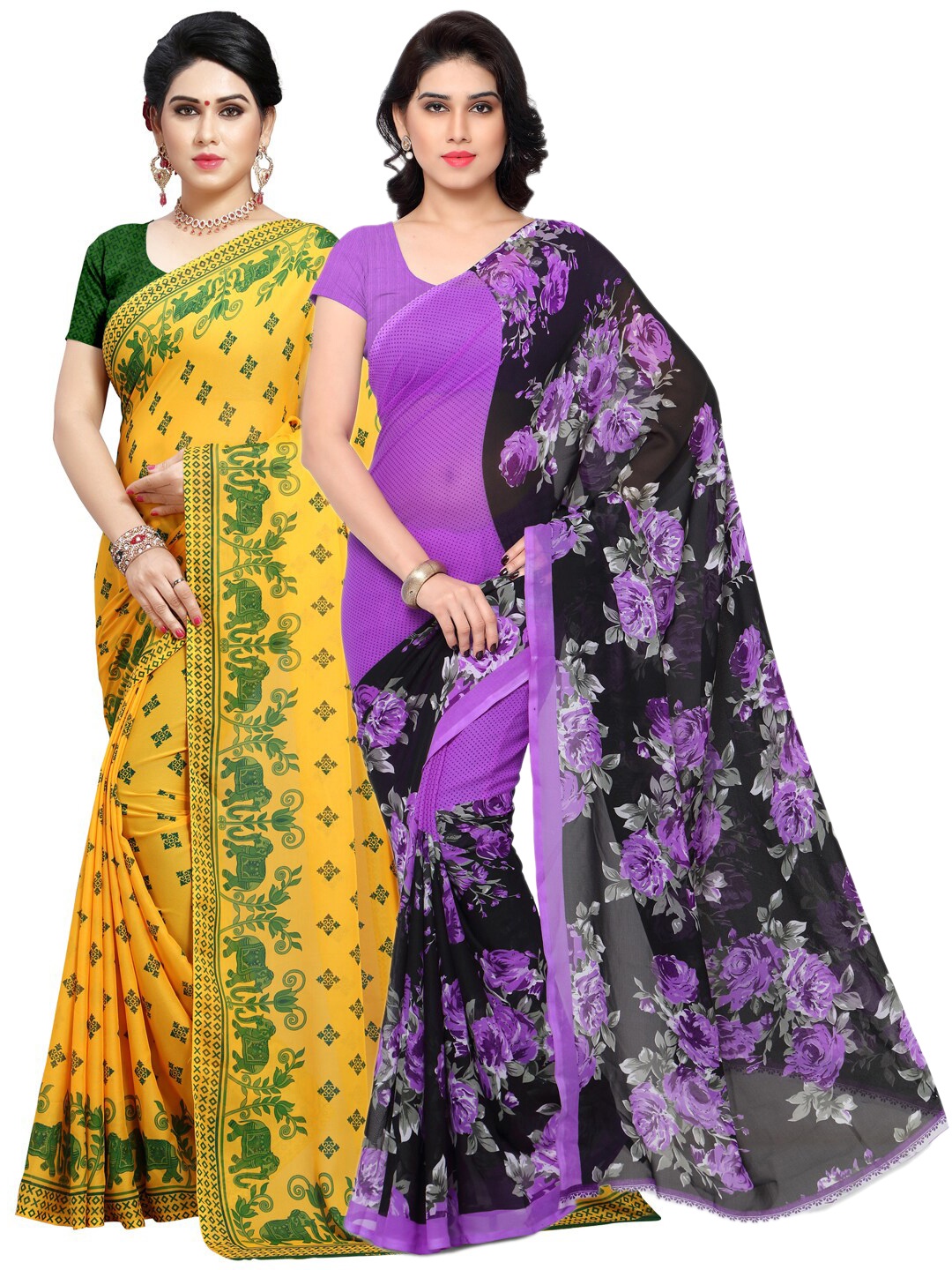 

ANAND SAREES Pack Of 2 Purple & Yellow Floral Saree
