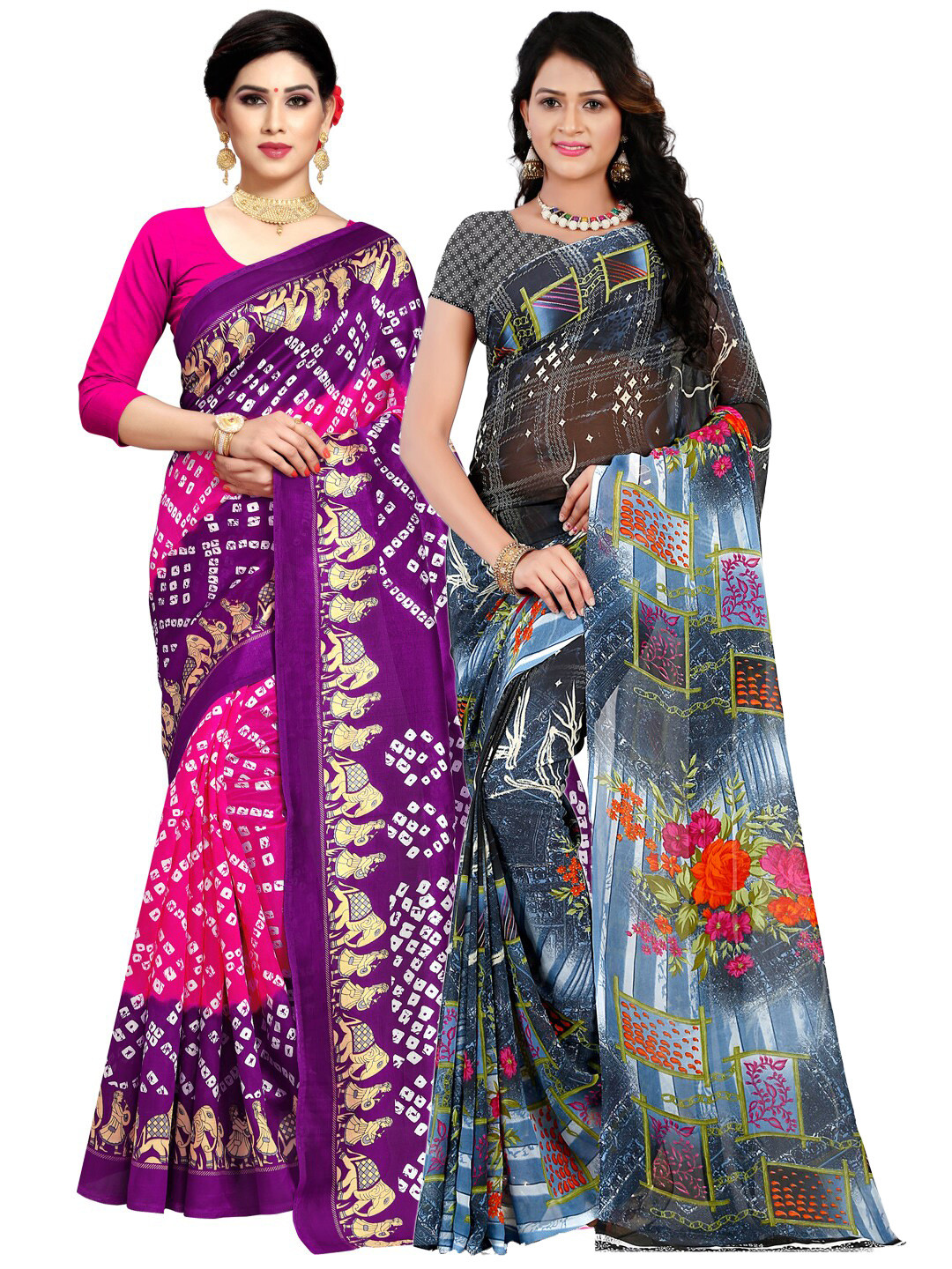 

KALINI Pack Of 2 Purple & Pink Floral Poly Georgette Saree