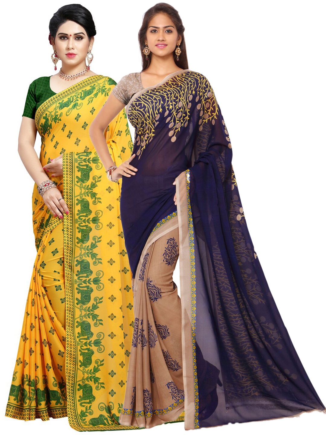 

ANAND SAREES Pack of 2 Ethnic Motifs Poly Georgette Saree, Yellow