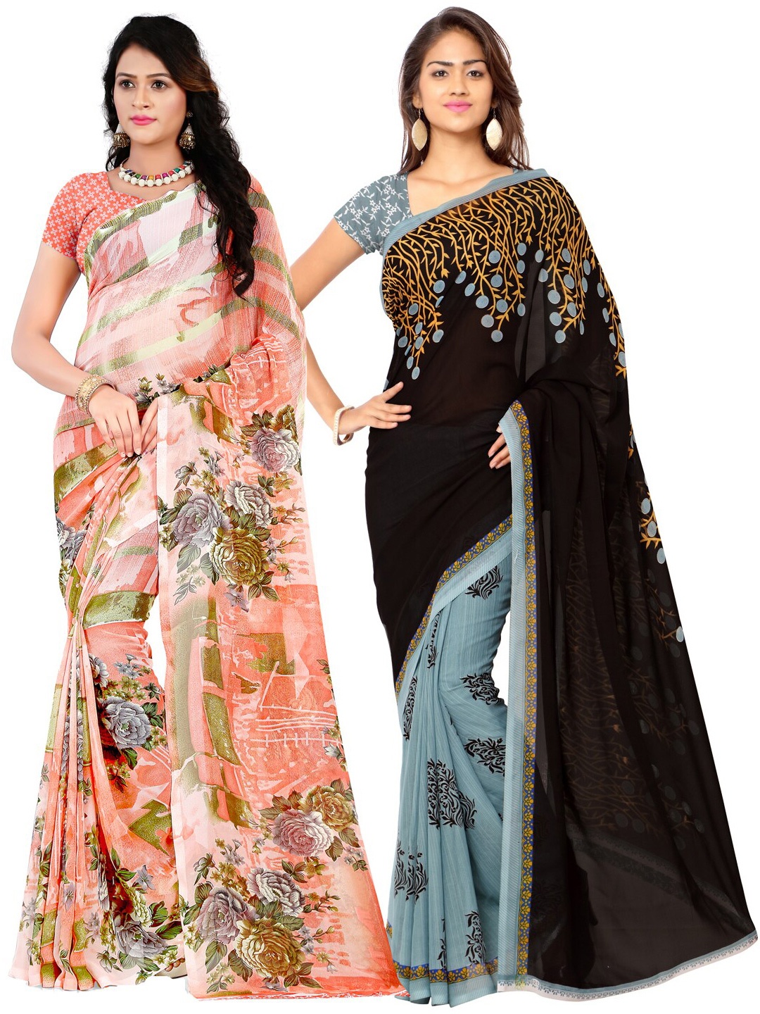 

ANAND SAREES Pack of 2 Floral Poly Georgette Saree, Peach