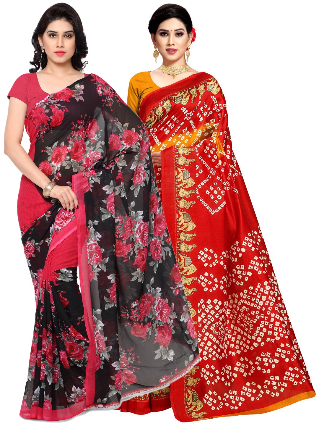 

ANAND SAREES Pack Of 2 Black & Red Floral Sarees