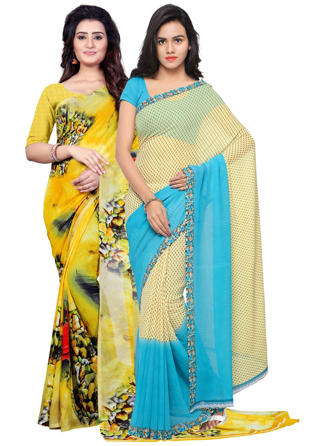 ANAND SAREES Pack Of 2 Yellow & Blue Floral Saree