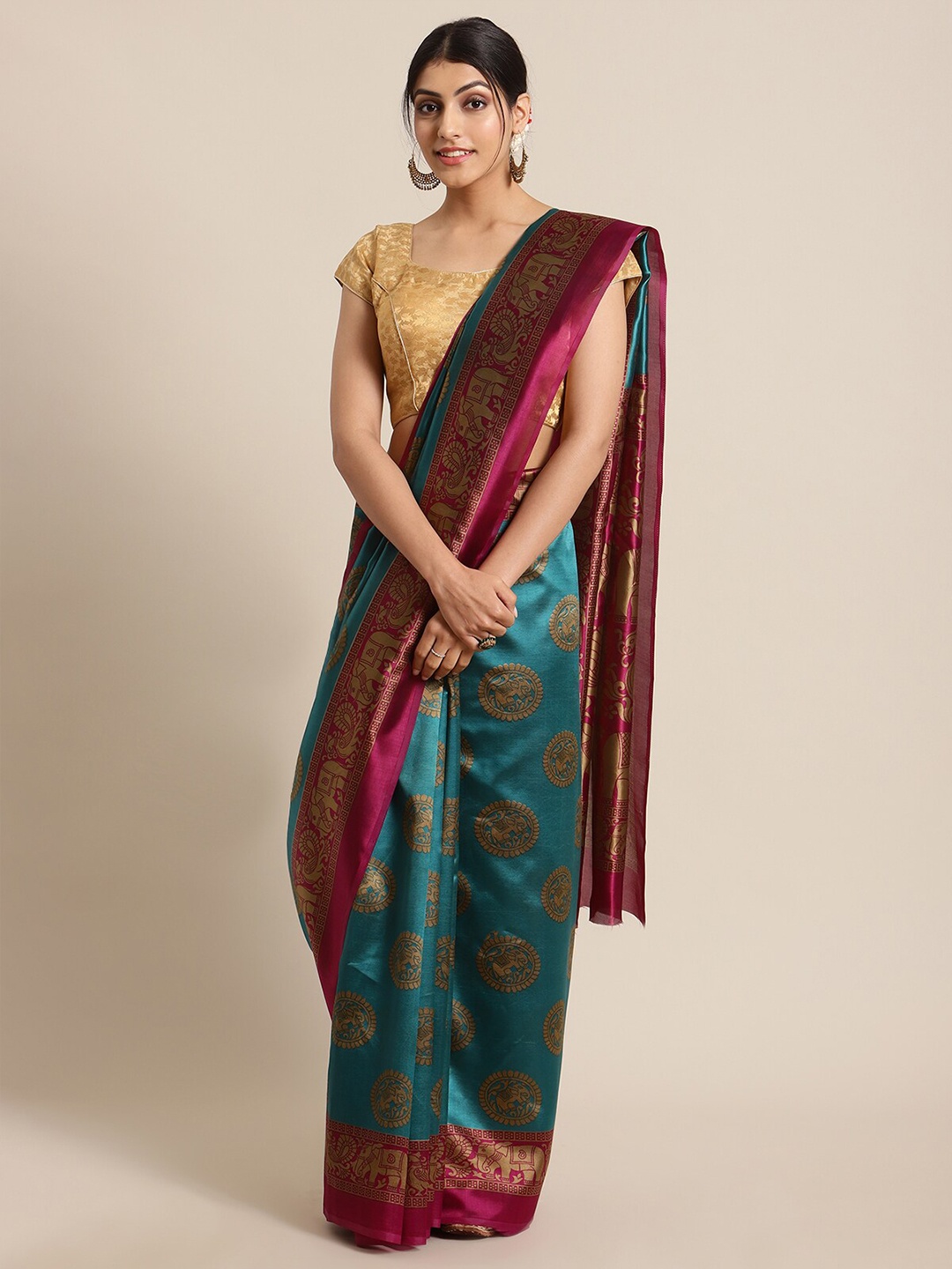 

KSUT Teal Green & Pink Ethnic Motifs Zari Art Silk Mysore Silk Saree