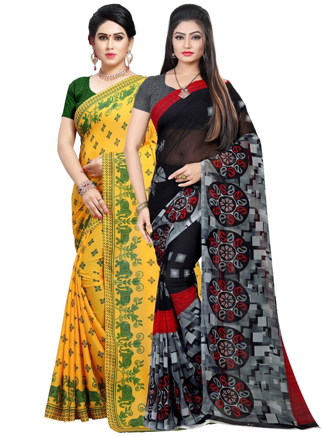 

ANAND SAREES Pack Of 2 Yellow & Green Ethnic Motifs Poly Georgette Saree