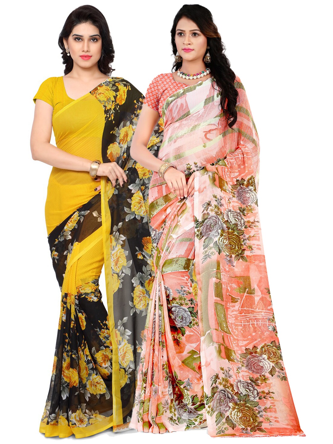 

ANAND SAREES Pack Of 2 Peach-Coloured & Yellow Floral Sarees
