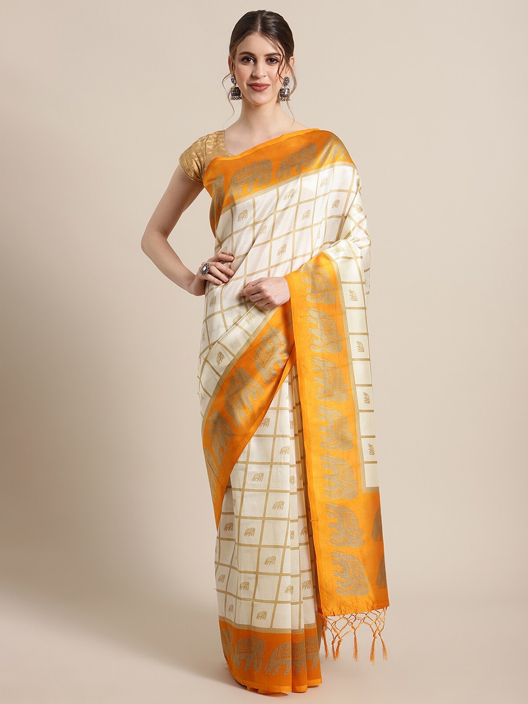 

KSUT White & Beige Ethnic Motifs Art Silk Mysore Silk Saree With Tasseled Pallu