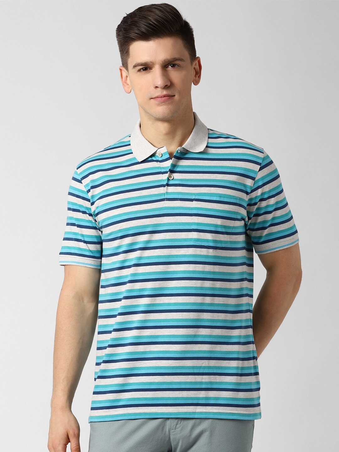 

Peter England Casuals Men Blue & White Striped Polo Collar T-shirt