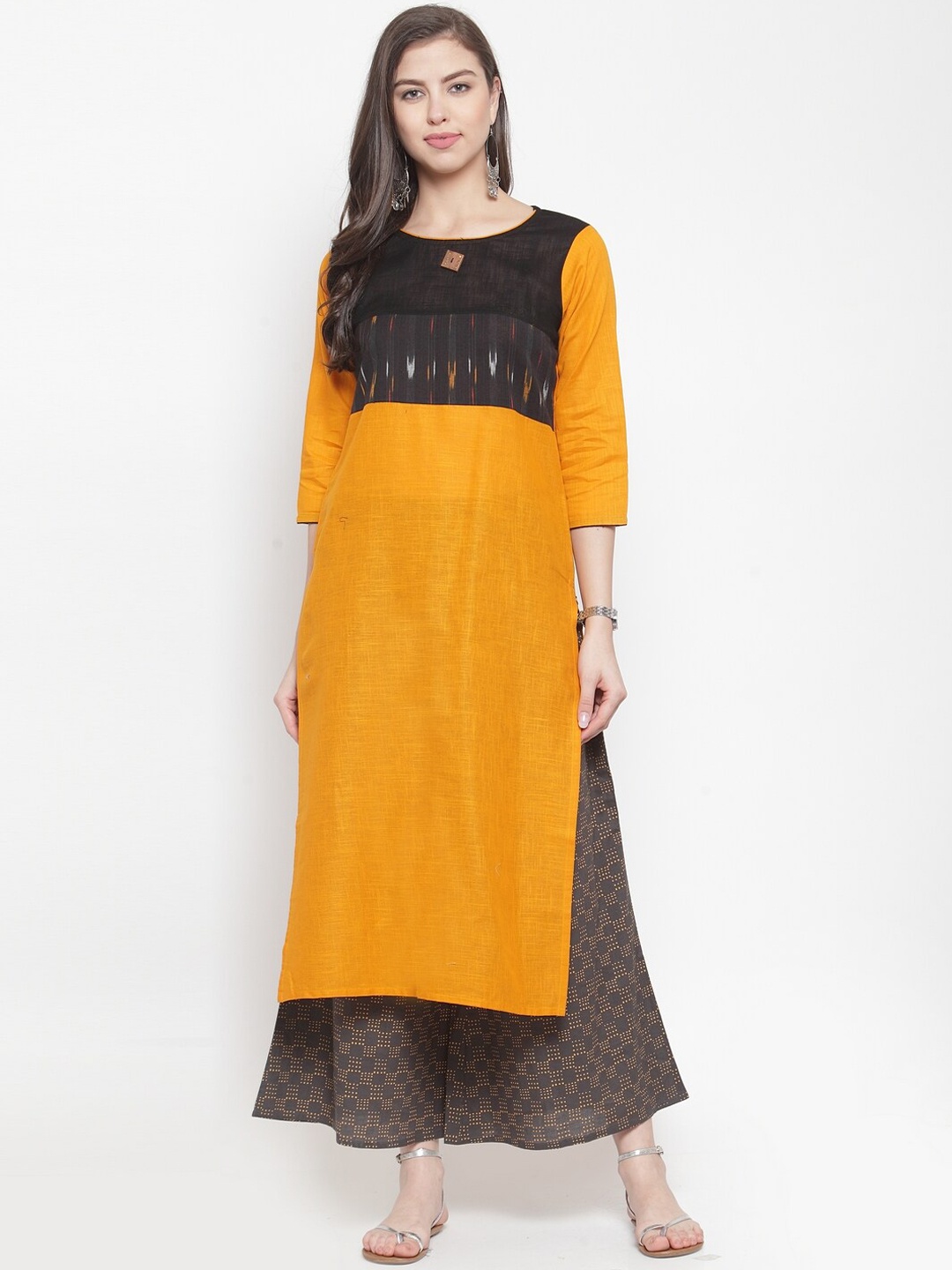 

KSUT Women Mustard Yellow Geometric Yoke Design Cotton Kurta