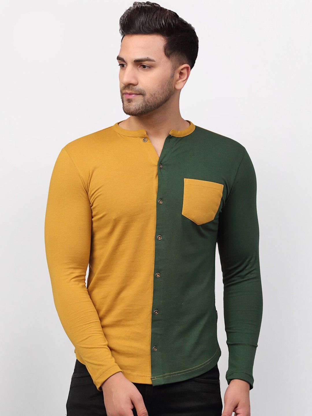 

Rigo Men Mustard Henley Neck Slim Fit T-shirt