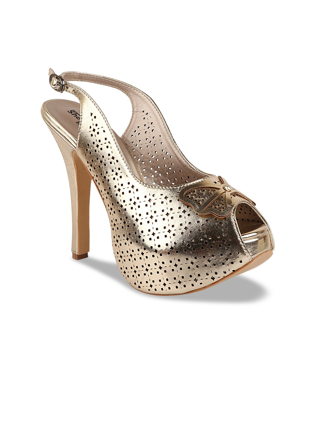 

Shoetopia Gold Stiletto Peep Toes with Bows