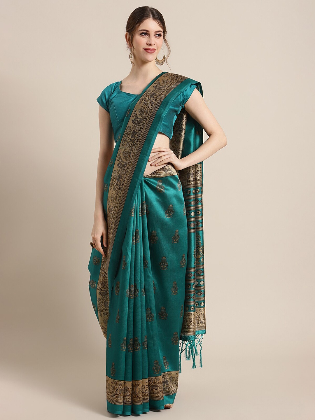 

KSUT Teal Green & Beige Ethnic Motifs Art Silk Saree