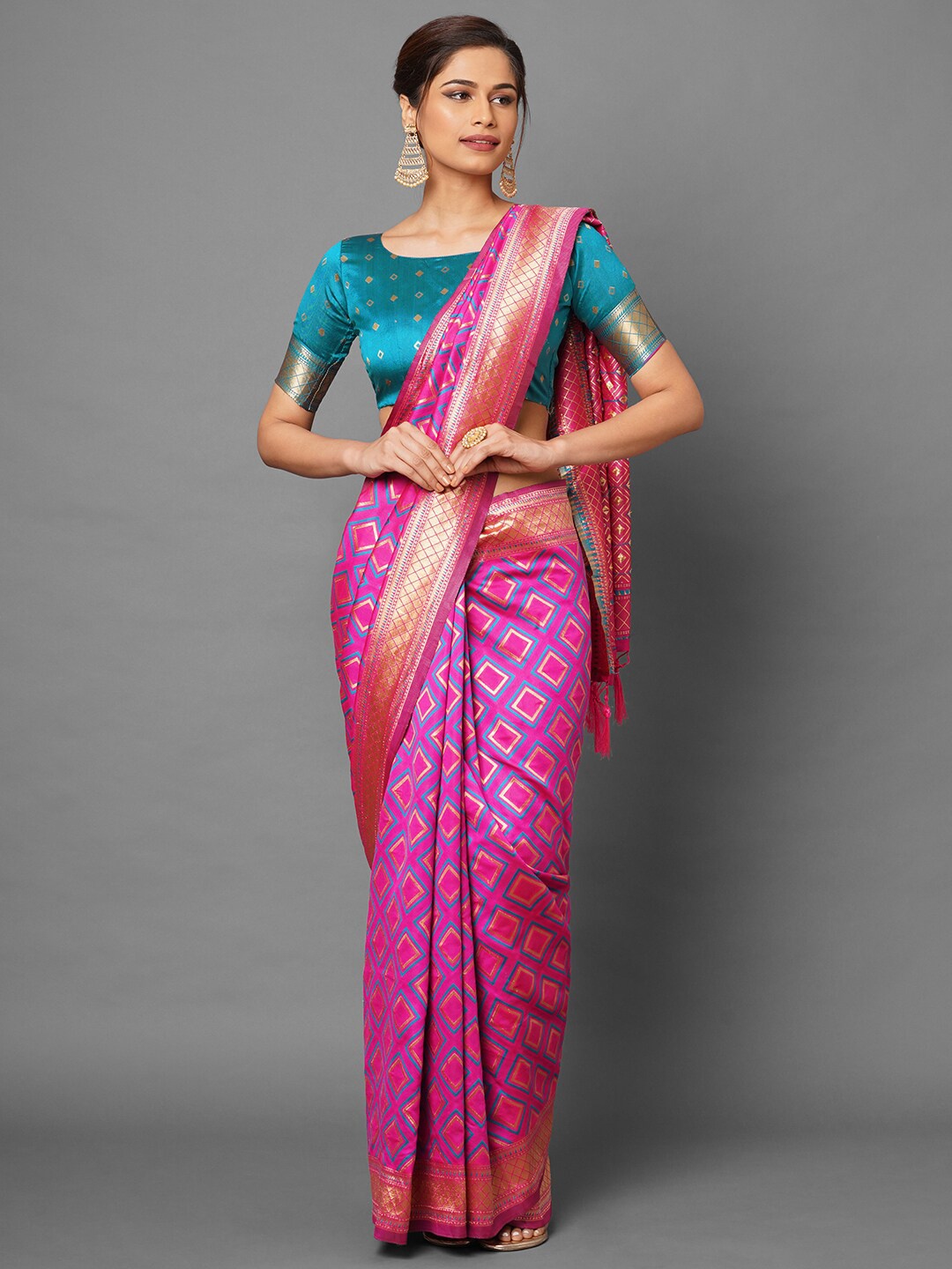 Mitera Pink & Turquoise Blue Silk Blend Banarasi Saree
