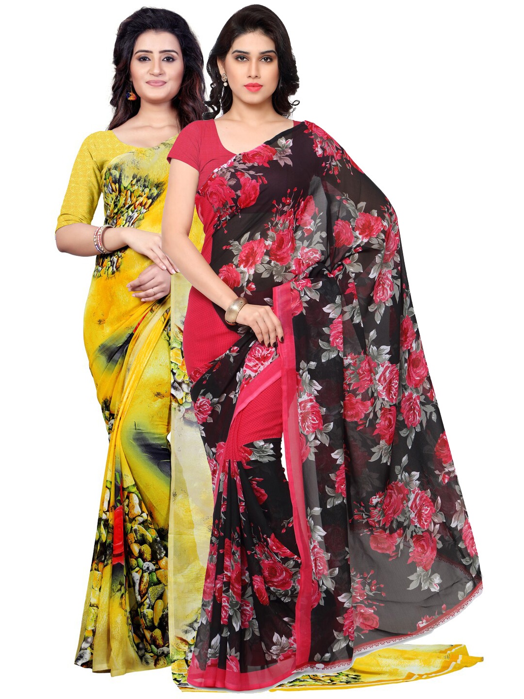 

ANAND SAREES Pack of 2 Floral Printed Poly Georgette Saree, Yellow