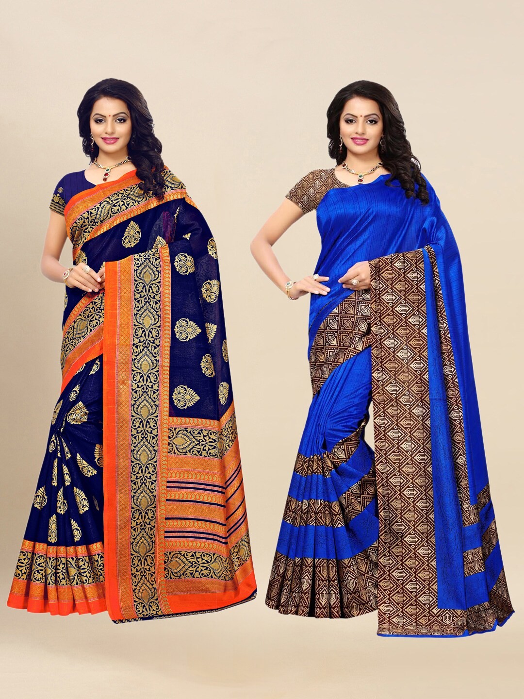 

KALINI Pack Of 2 Navy Blue & Orange Woven Design Saree