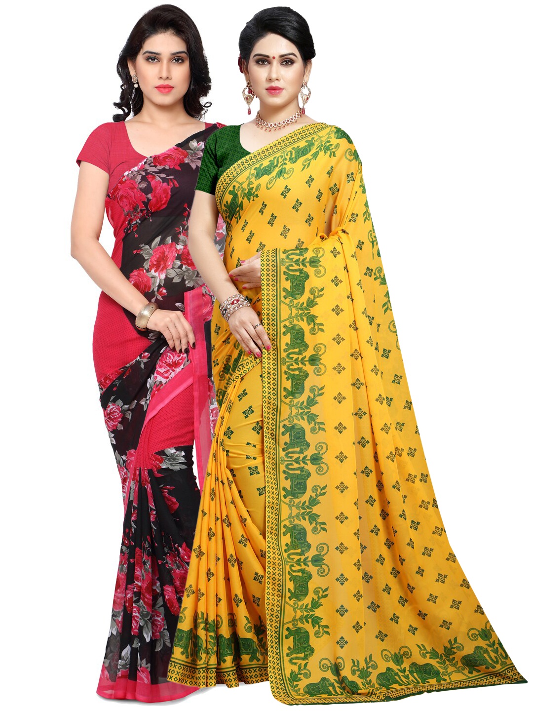 

ANAND SAREES Pack Of 2 Black & Yellow Floral Sarees