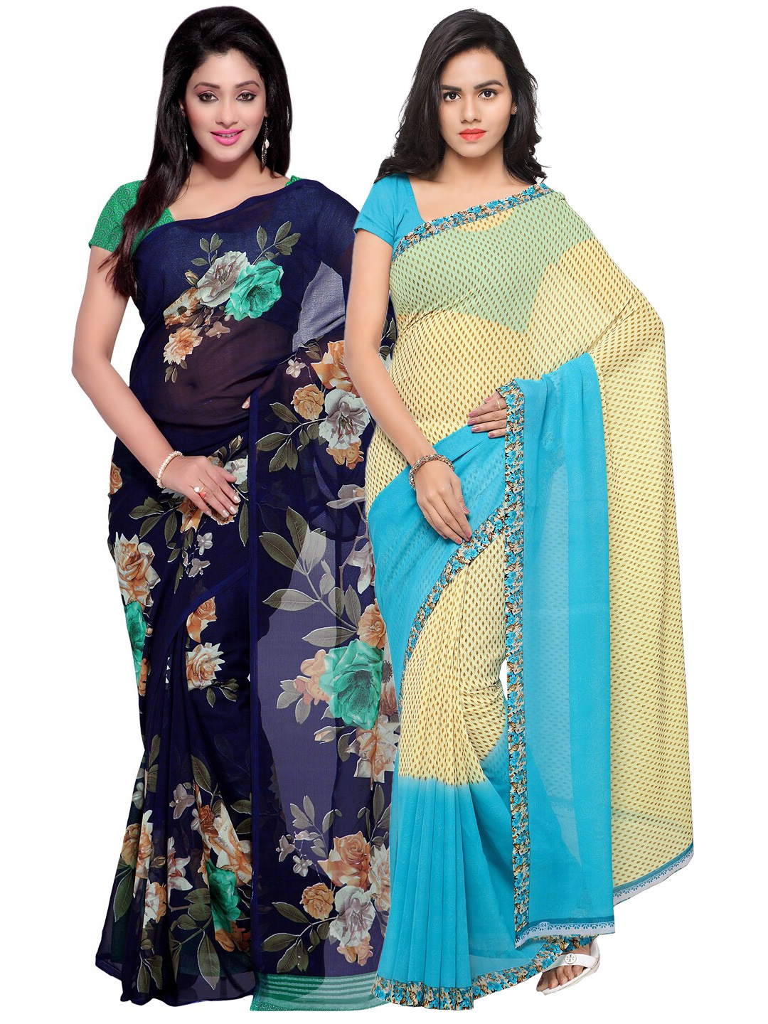 

ANAND SAREES Pack Of 2 Navy Blue & Beige Floral Sarees