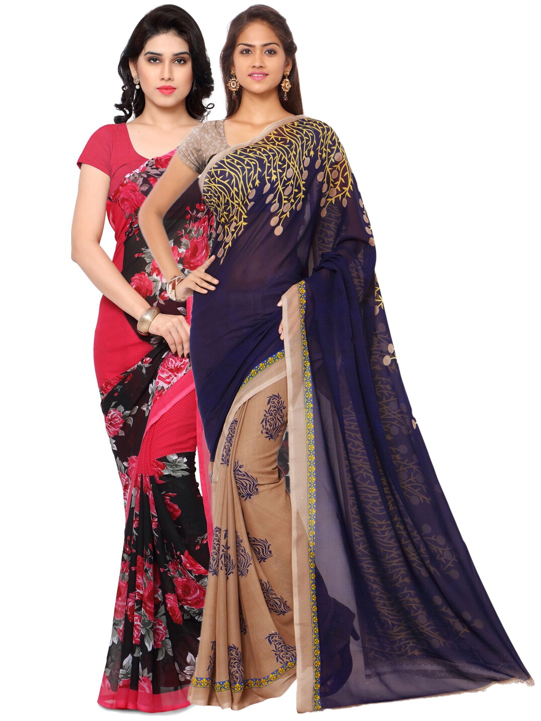 

ANAND SAREES Pink & Black Set of 2 Poly Georgette Saree