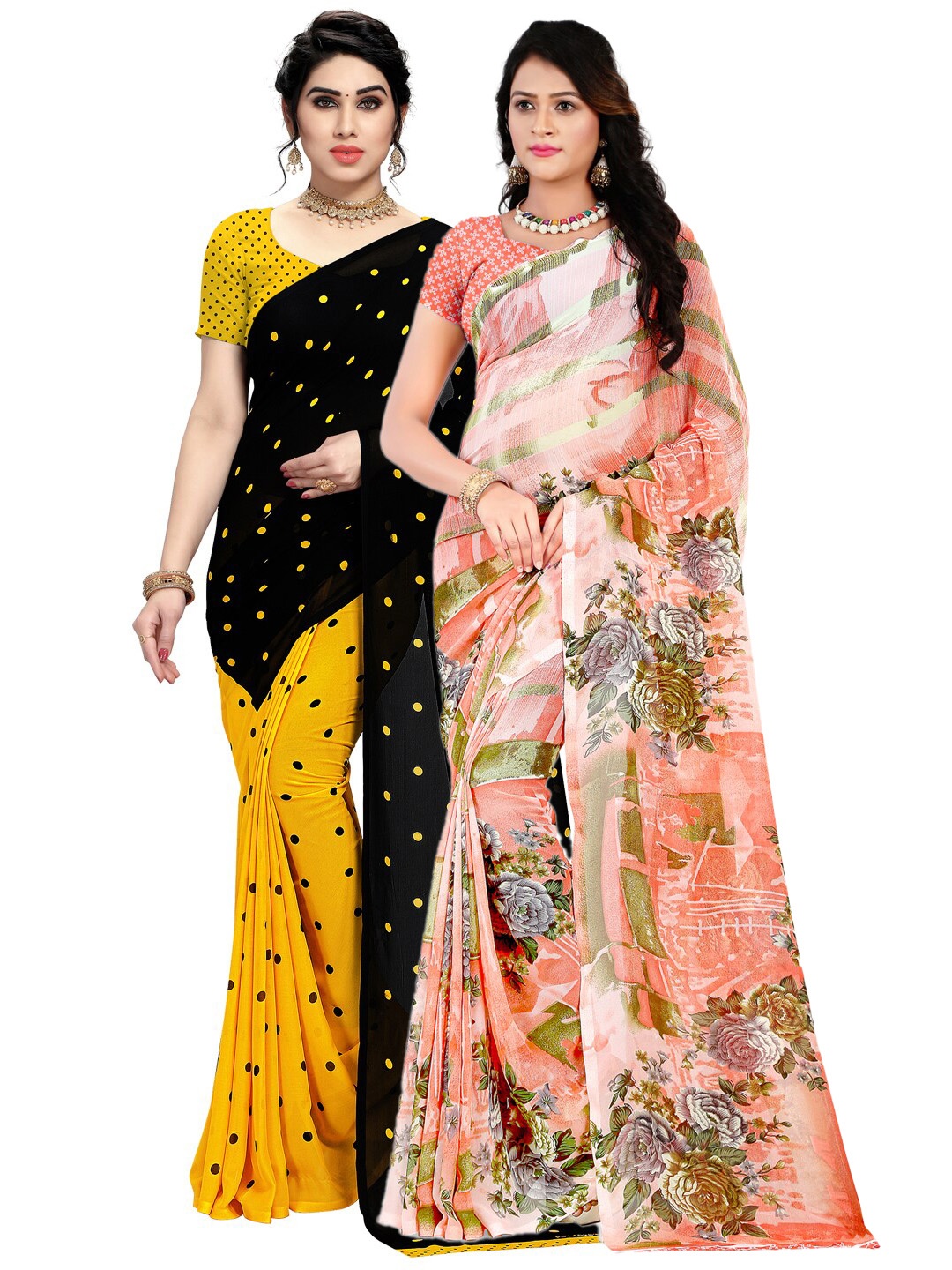 ANAND SAREES Peach & Yellow Pack of 2 Printed Sarees