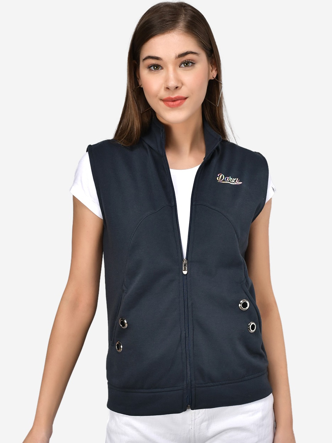 

Darzi Women Blue Longline Tailored Jacket with Patchwork