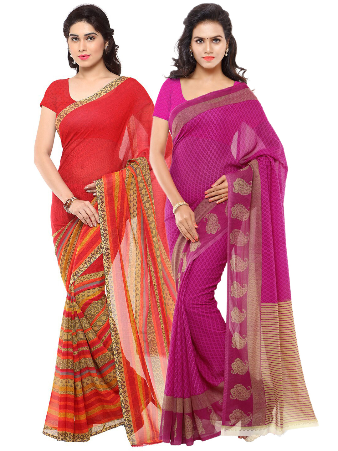 

ANAND SAREES Pack Of 2 Red & Purple Floral Sarees