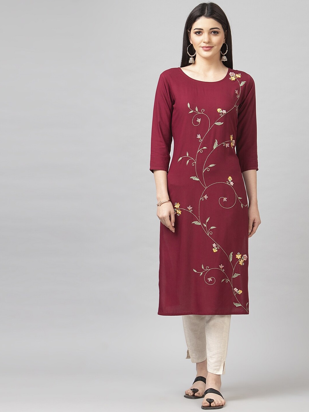 

SANISA Women Maroon Quirky Embroidered Thread Work Kurta