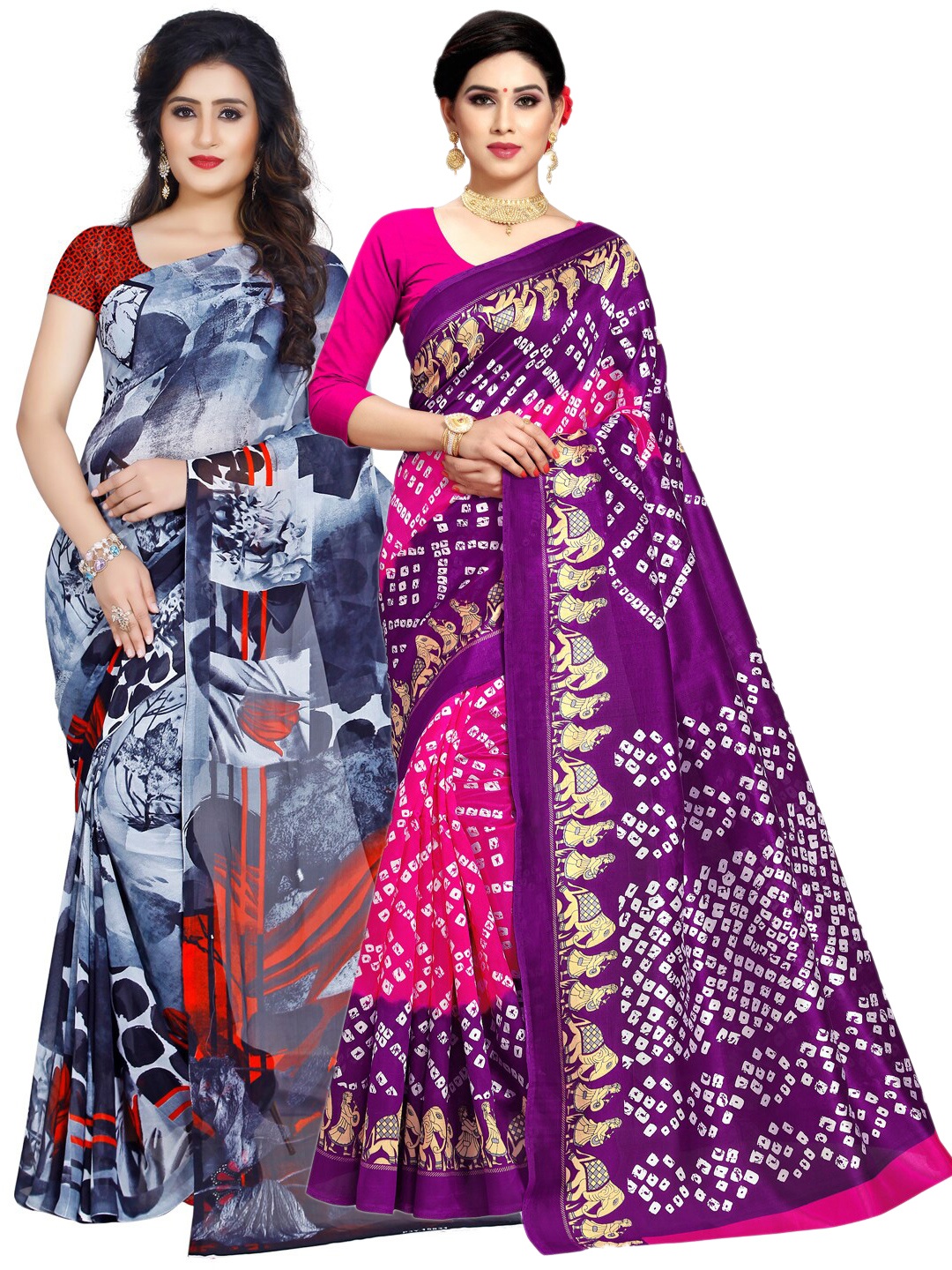 

KALINI Purple & Pink Set of 2 Poly Georgette Saree