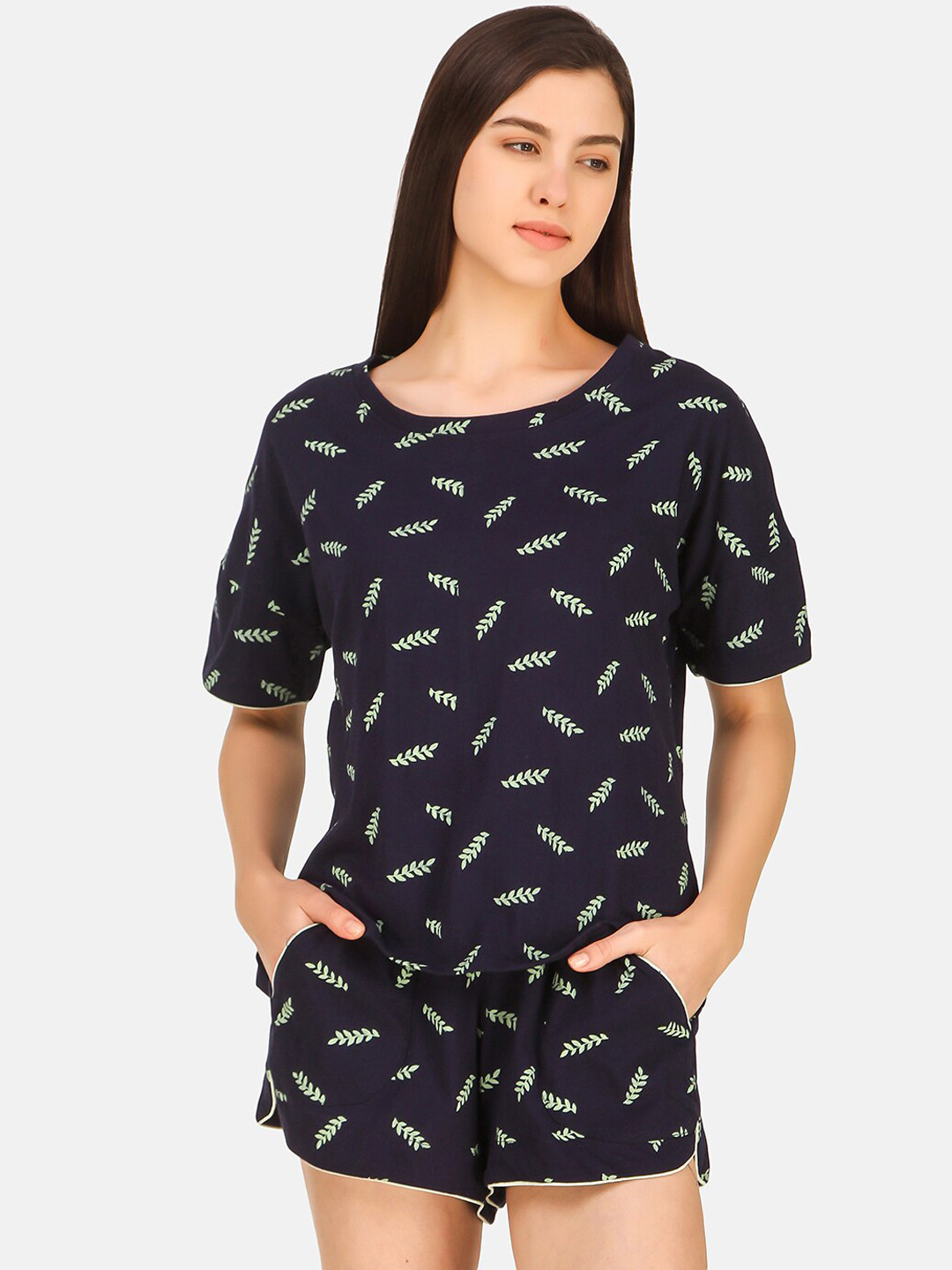 

Masha Women Navy Blue & Sea Green Printed Cotton Night Suit