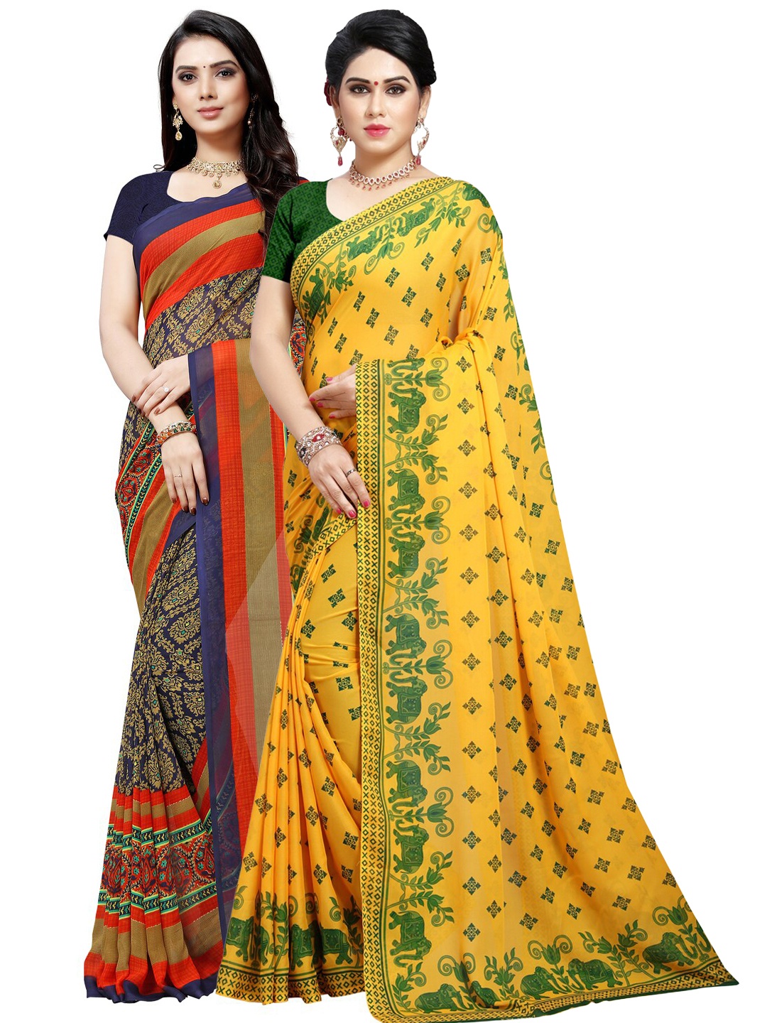 ANAND SAREES Pack of 2 Navy Blue & Yellow Floral Poly Georgette Saree