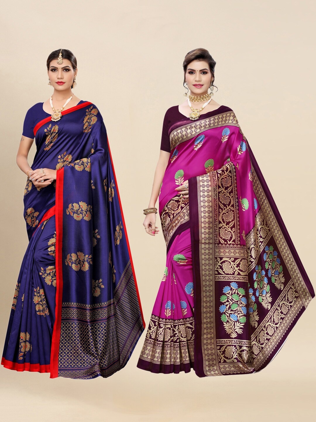 

KALINI Pack Of 2 Blue & Pink Floral Sarees