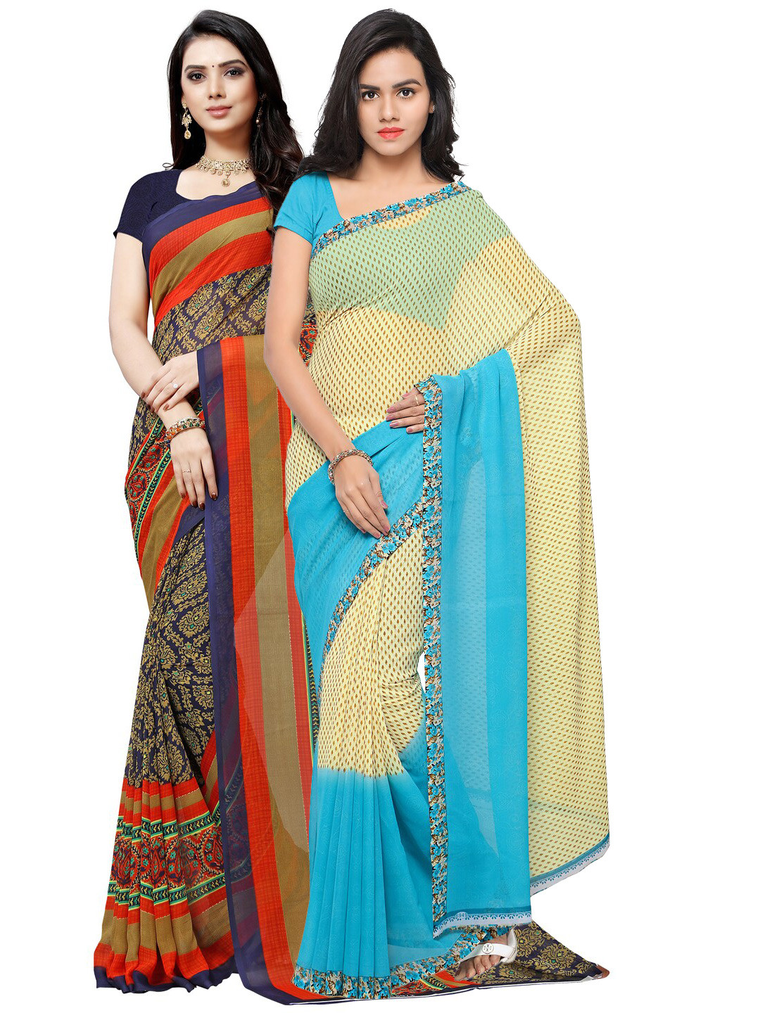 

ANAND SAREES Pack Of 2 Blue & Red Floral Sarees