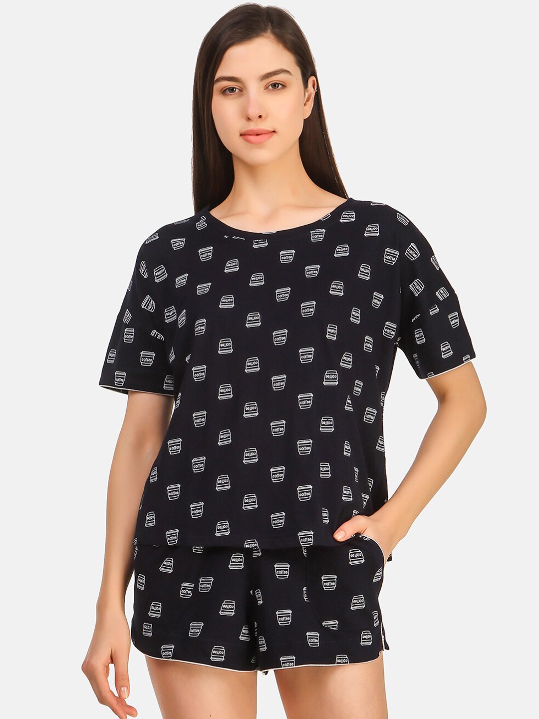

Masha Women Navy Blue & White Printed Cotton Night Suit