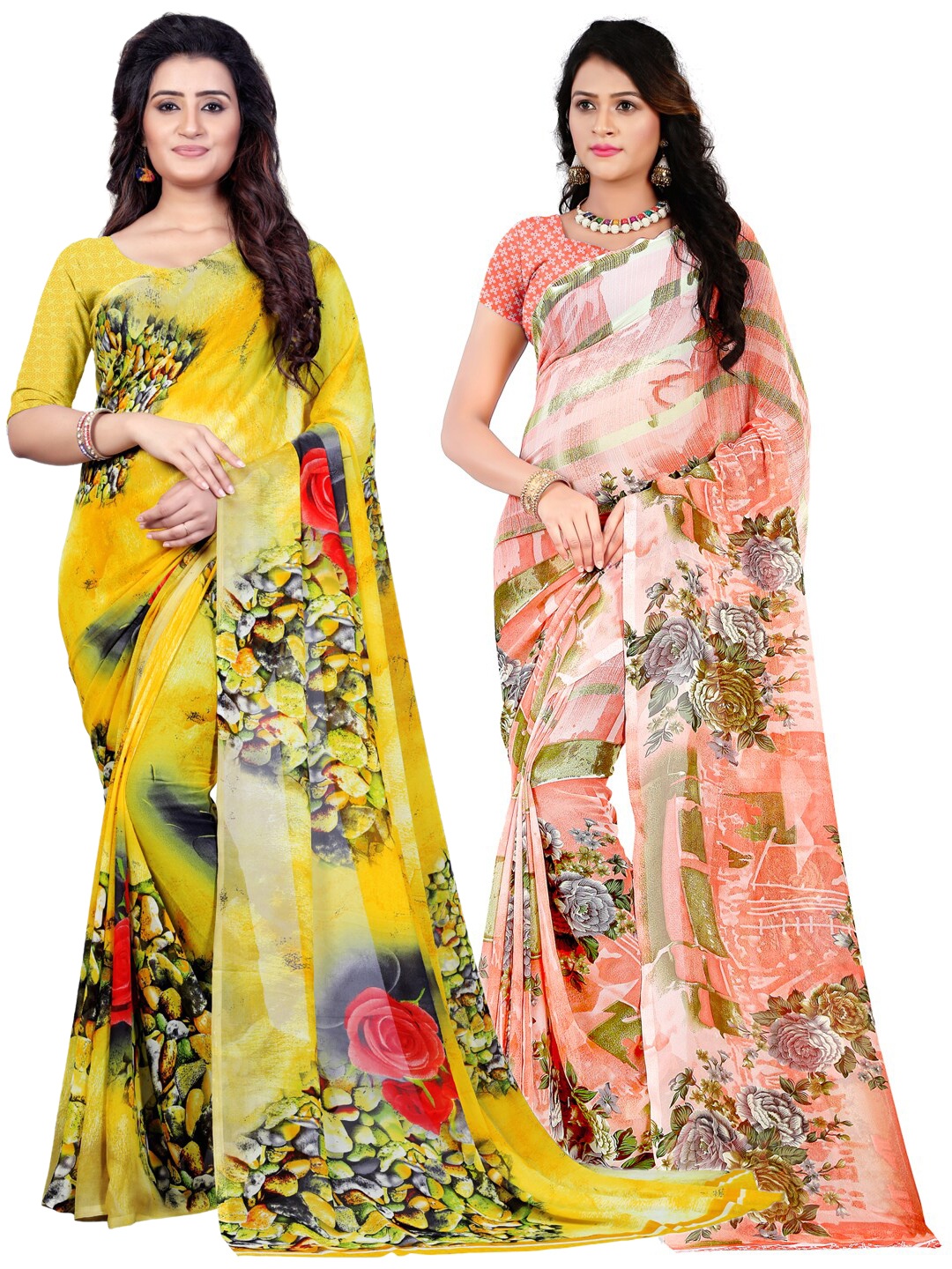 

ANAND SAREES Pack Of 2 White & Peach-Coloured Floral Sarees