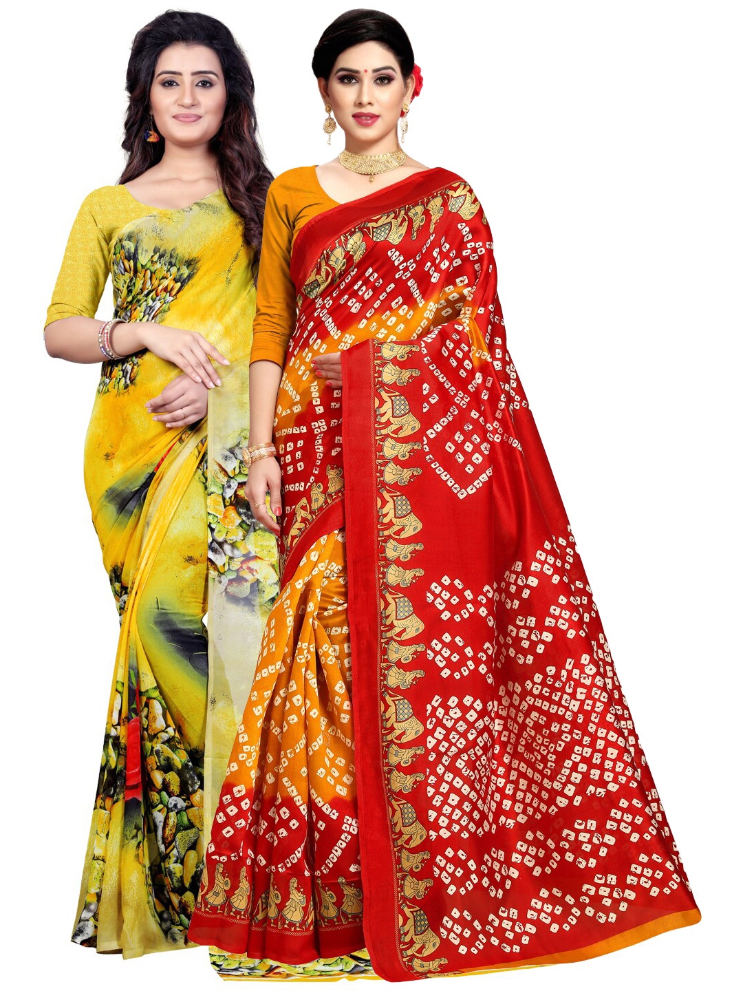 

KALINI Pack Of 2 Yellow & Red Floral Poly Georgette Saree