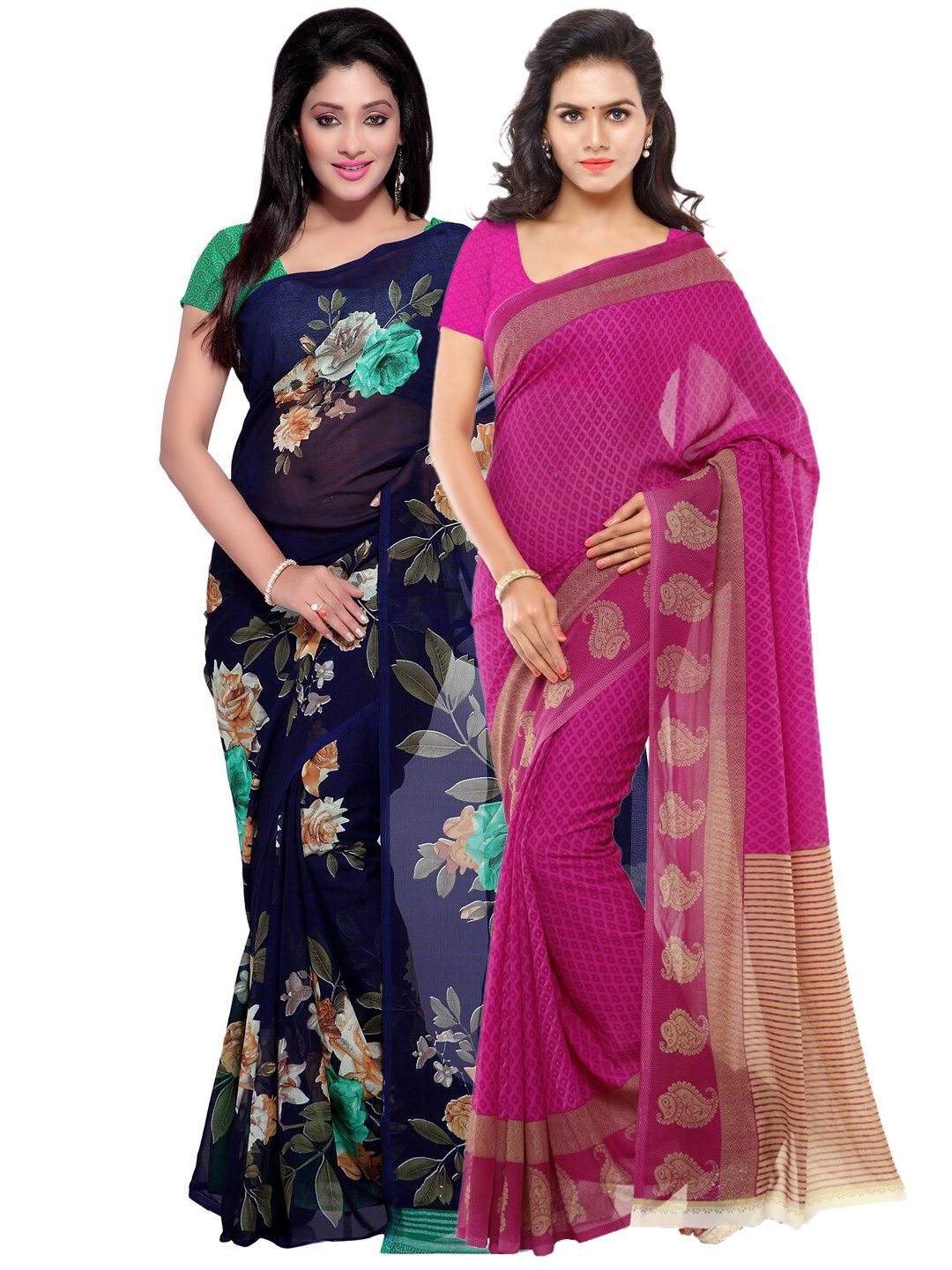 

ANAND SAREES Pack Of 2 Navy Blue & Pink Floral Sarees