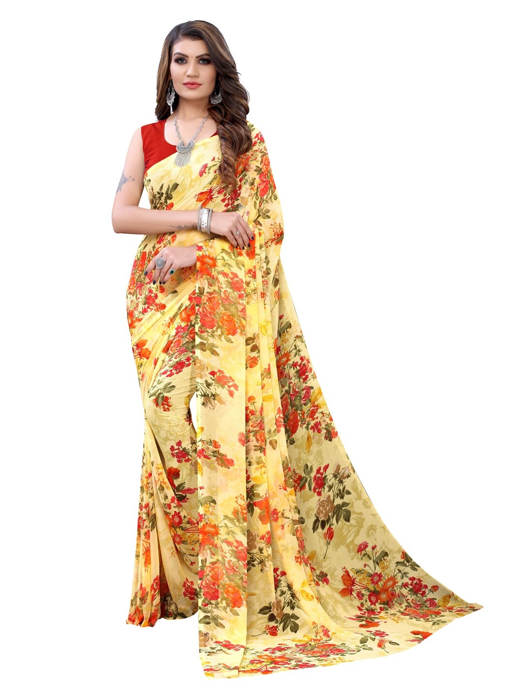 

KALINI Yellow & Red Floral Pure Georgette Saree