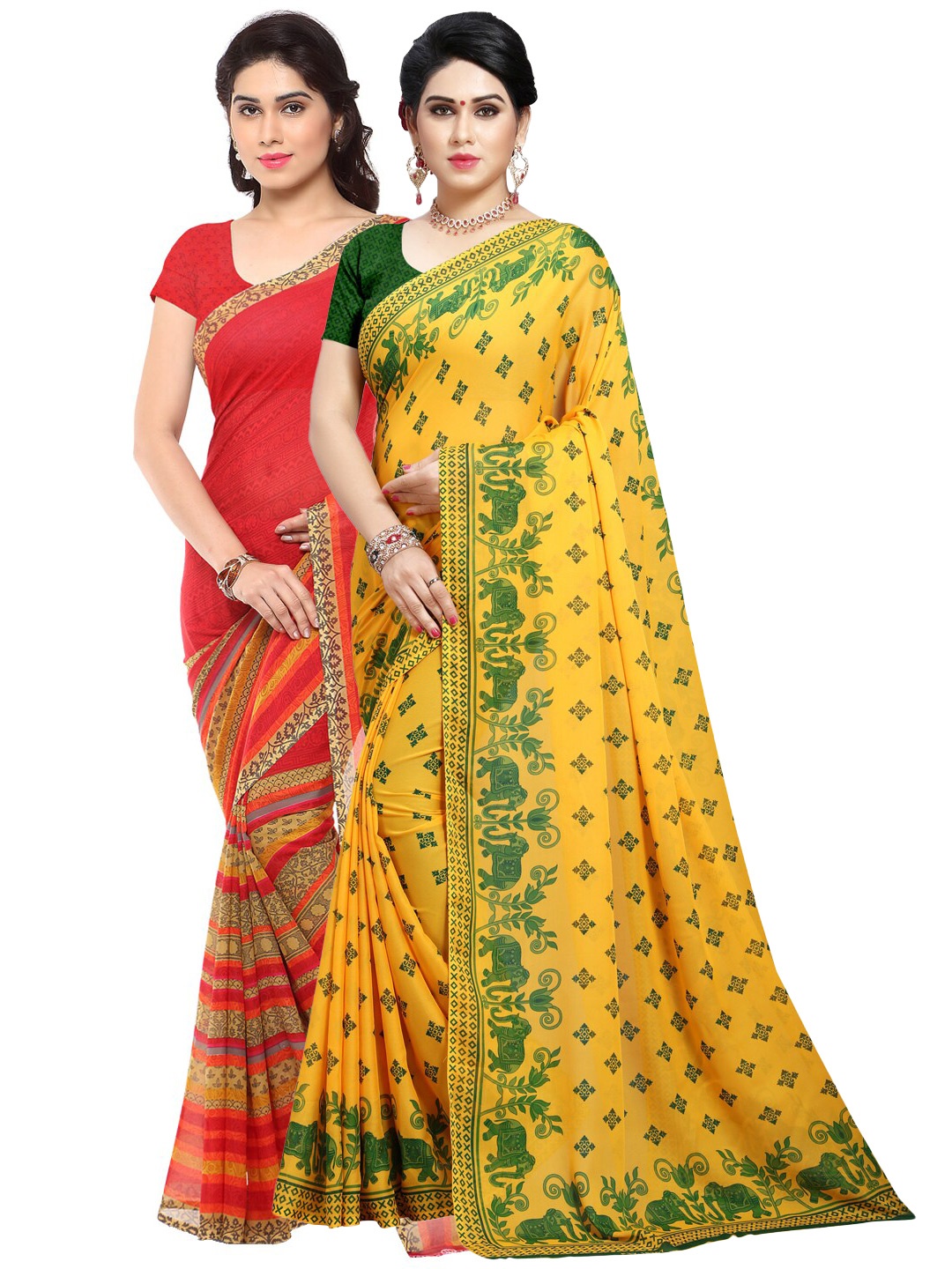 

ANAND SAREES Pack Of 2 Red & Yellow Floral Sarees