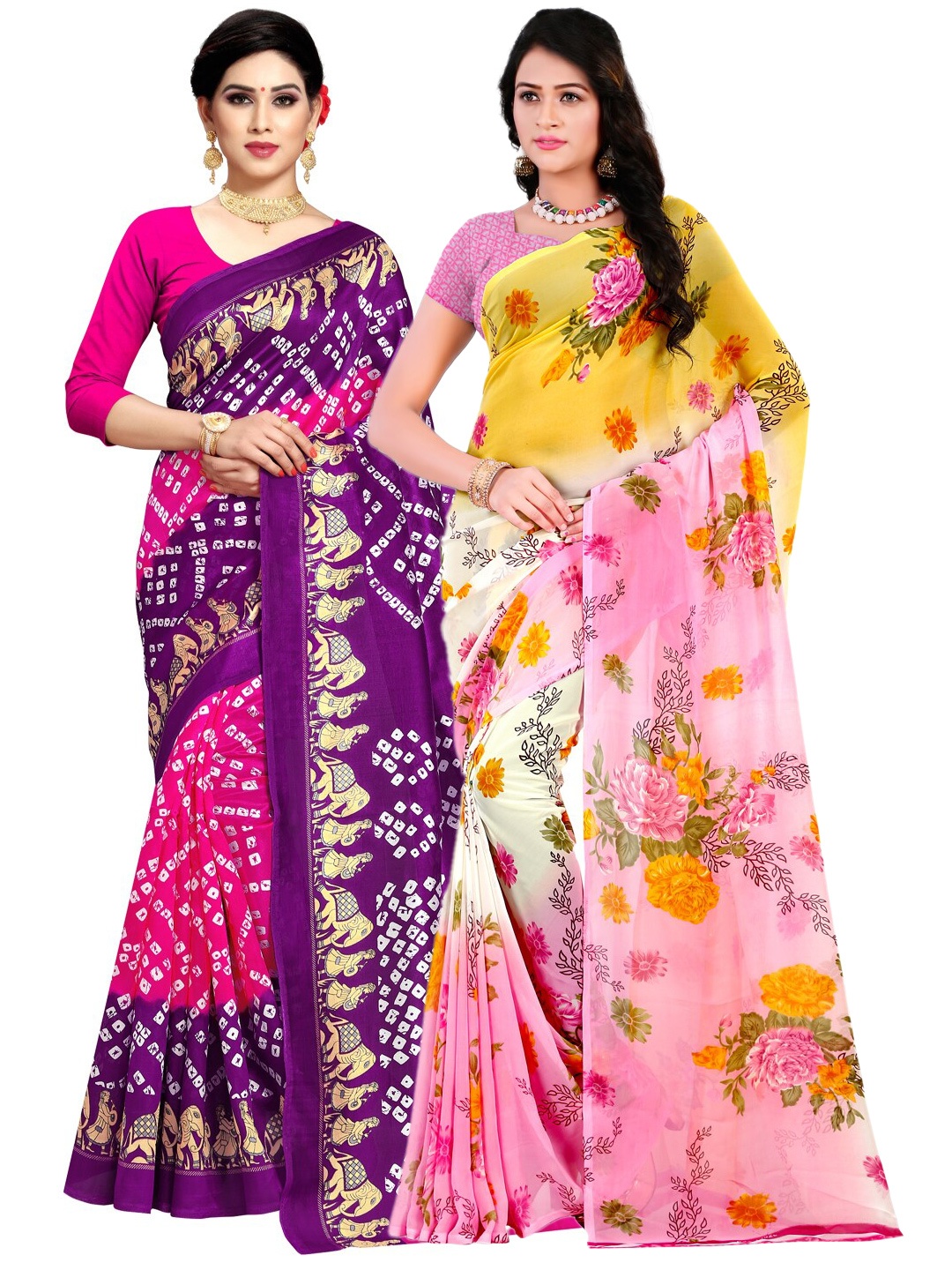 

KALINI Pink & Purple Pack of 2 Printed Sarees