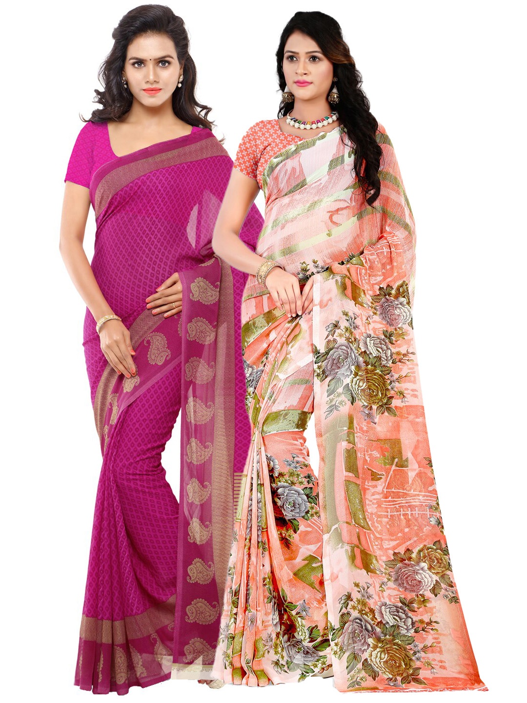

ANAND SAREES Pack Of 2 Peach & Purple Floral Saree