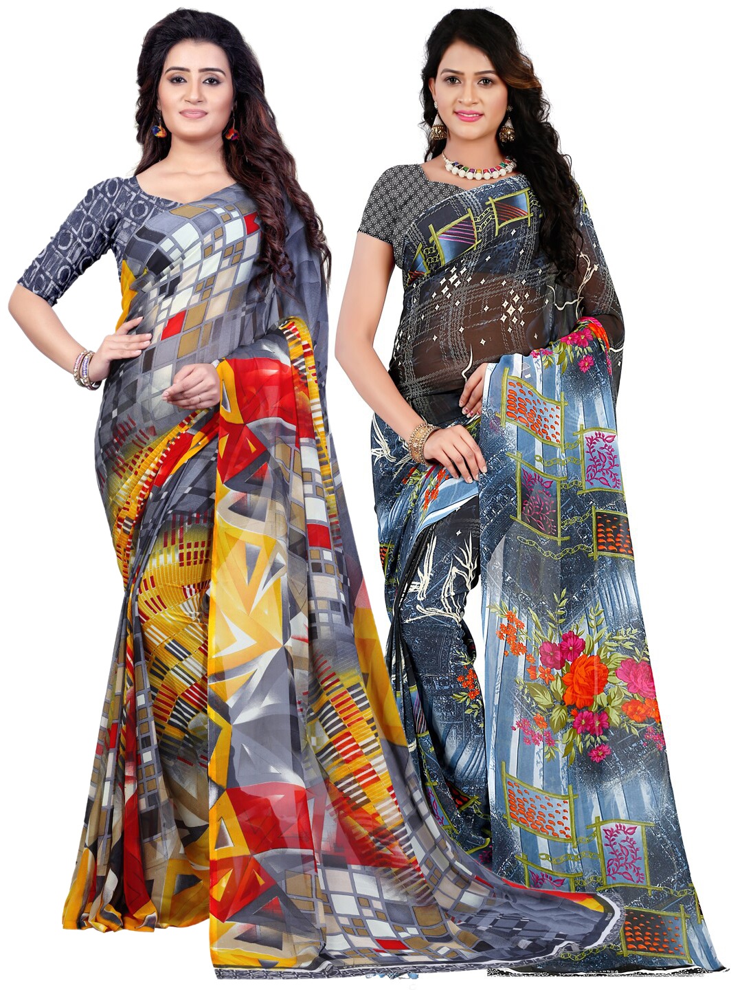 

ANAND SAREES Pack Of 2 Black & Grey Floral Saree